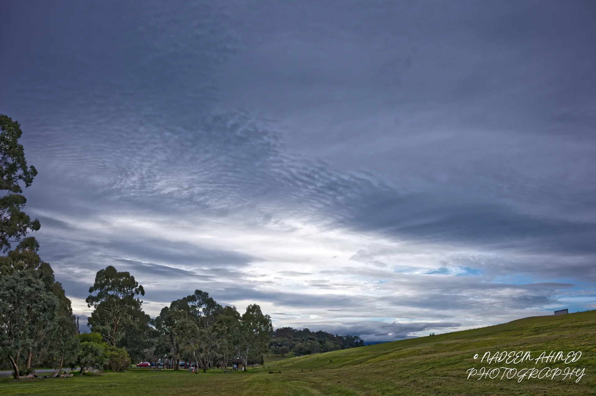 Cloud-streaked evening sky above a grassy hill and trees, photographed with the Leica M11-P and Summilux-M 35mm f/1.4 ASPH.